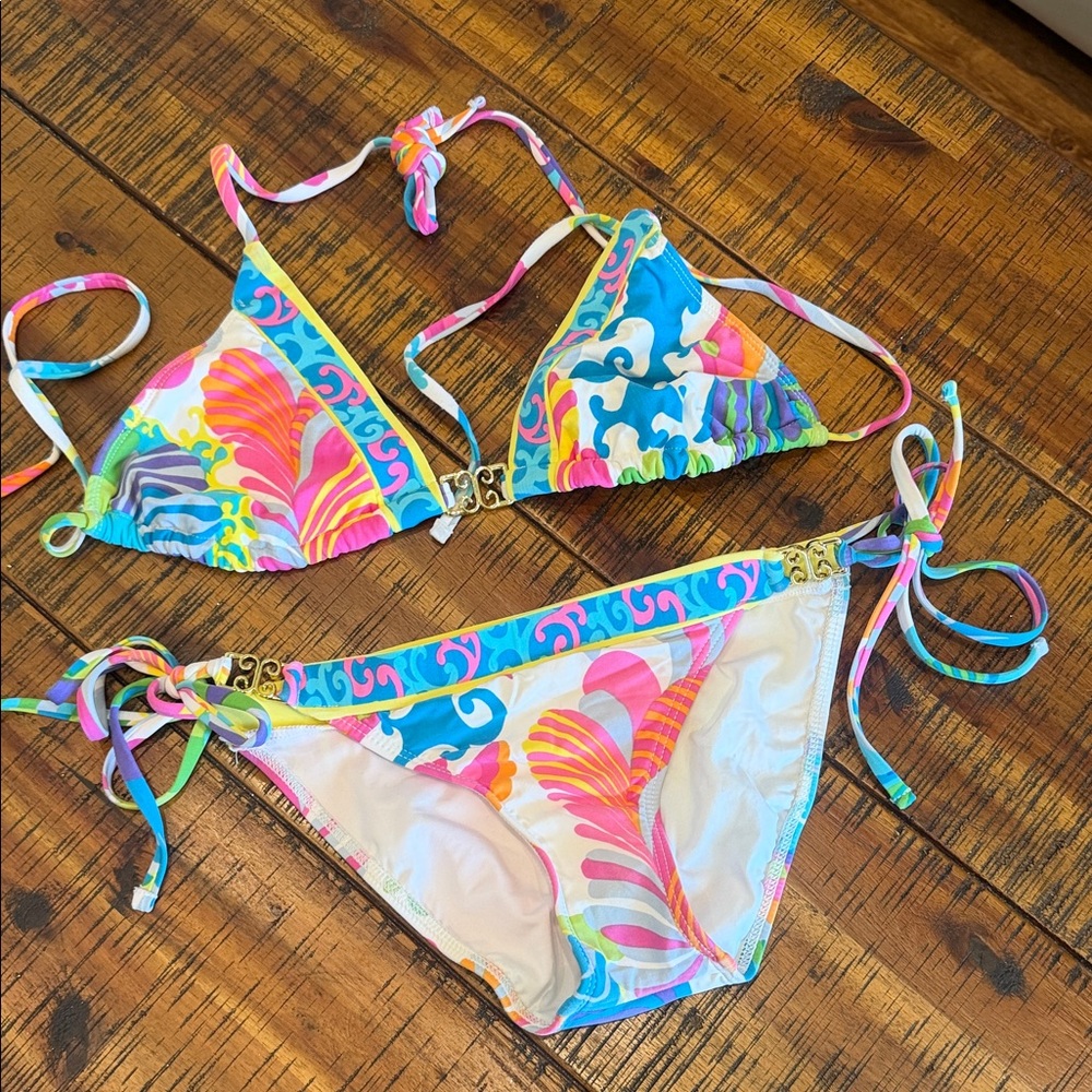 Colorful Tropical Print Triangle Bikini Set